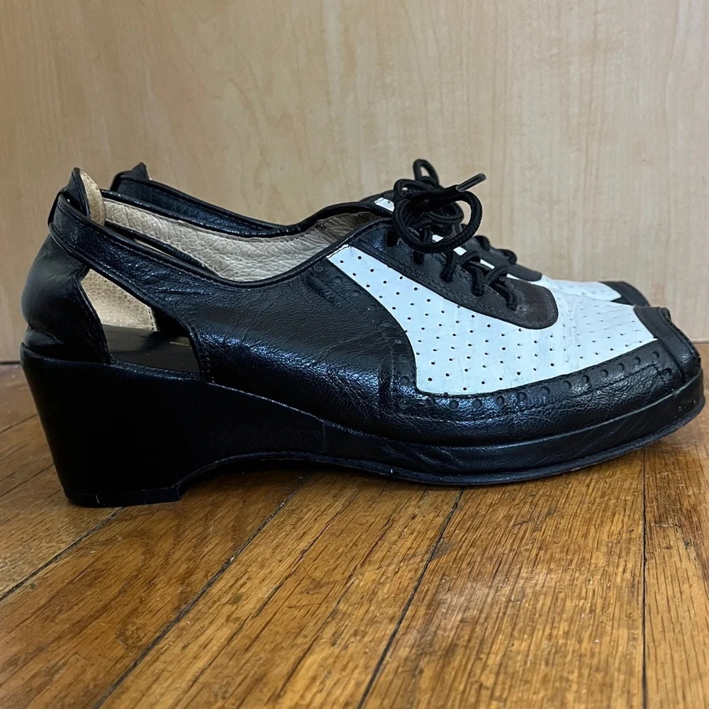 Women's Black and White Lace-Up Wedge Shoes - Picture 1 of 13